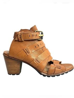 Sorel Nadia Camel Brown Leather Heeled Gladiator Sandals 10‎ Strappy Buckle